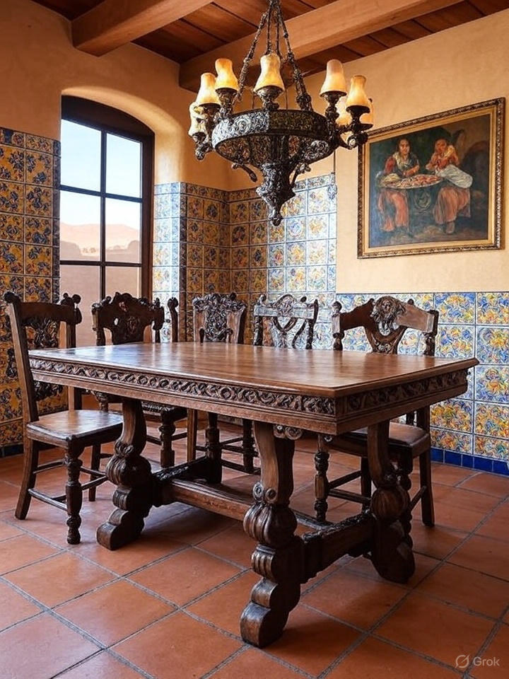 Spanish Colonial dining room featuring carved wood and Talavera tiles